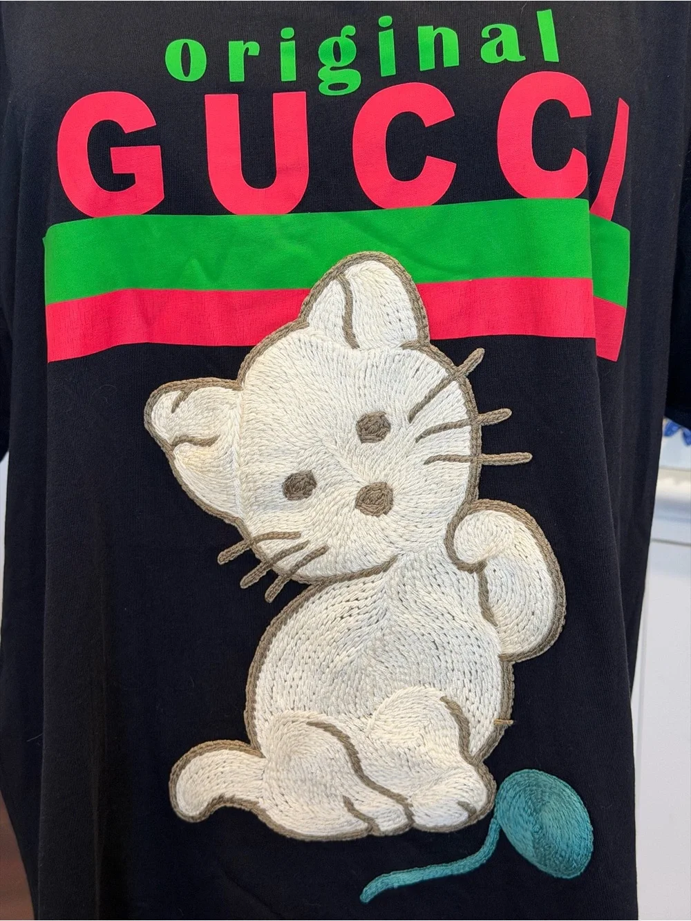Gucci Black Tee with Cream Cat Patch and Green-Red Logo